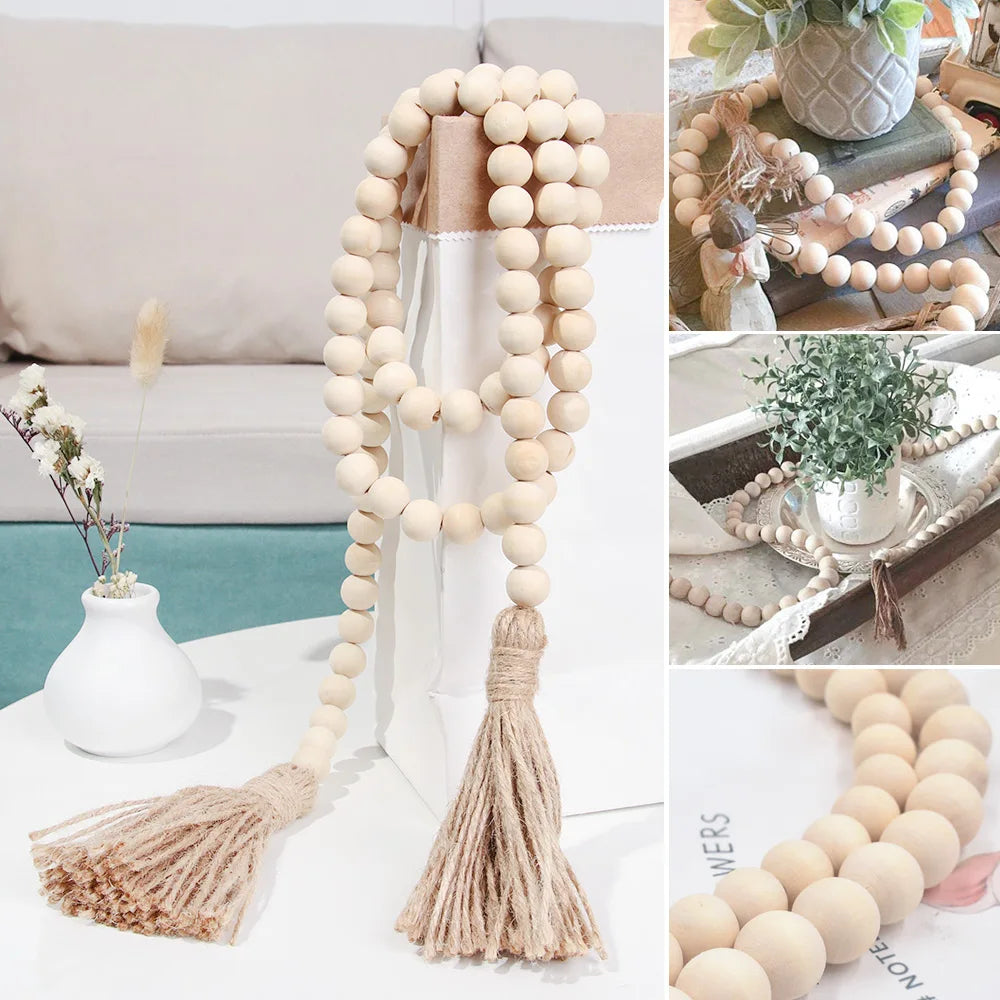 Wood Bead Garland with Jute Tassels