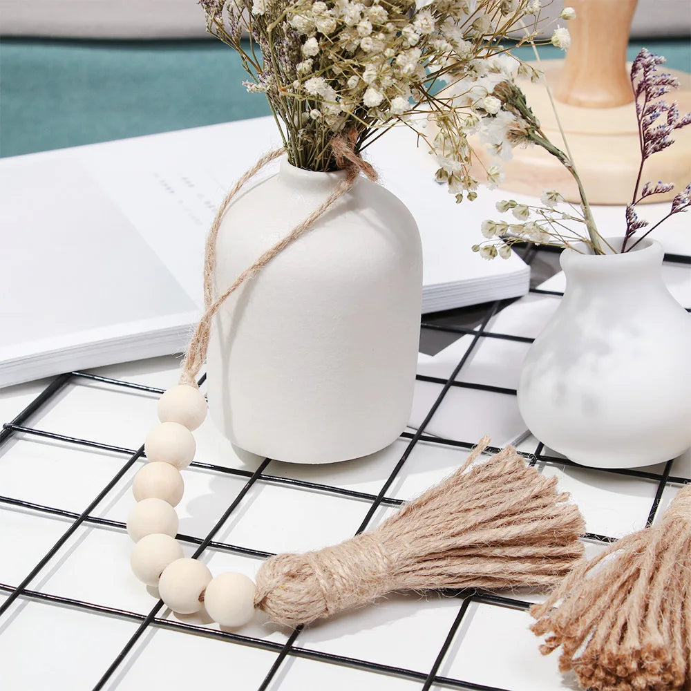 Wood Bead Garland with Jute Tassels